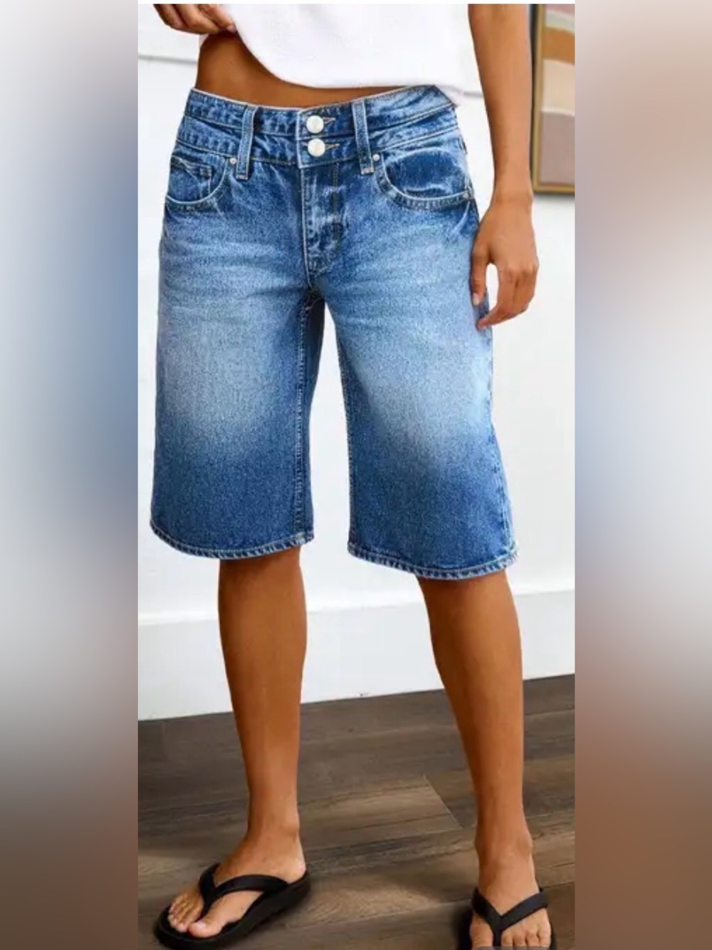 Flamingals Wash Flap Pocket Dual Button Mid Rise Denim Bermuda Shorts